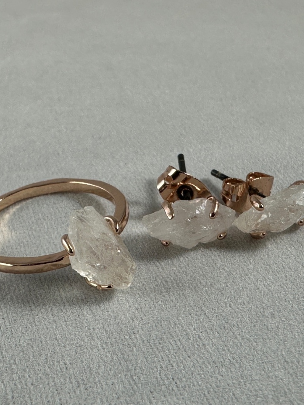 Raw Quartz Crystal Ring and Earring Set Boho Organic Solitaire Studs Rose Gold